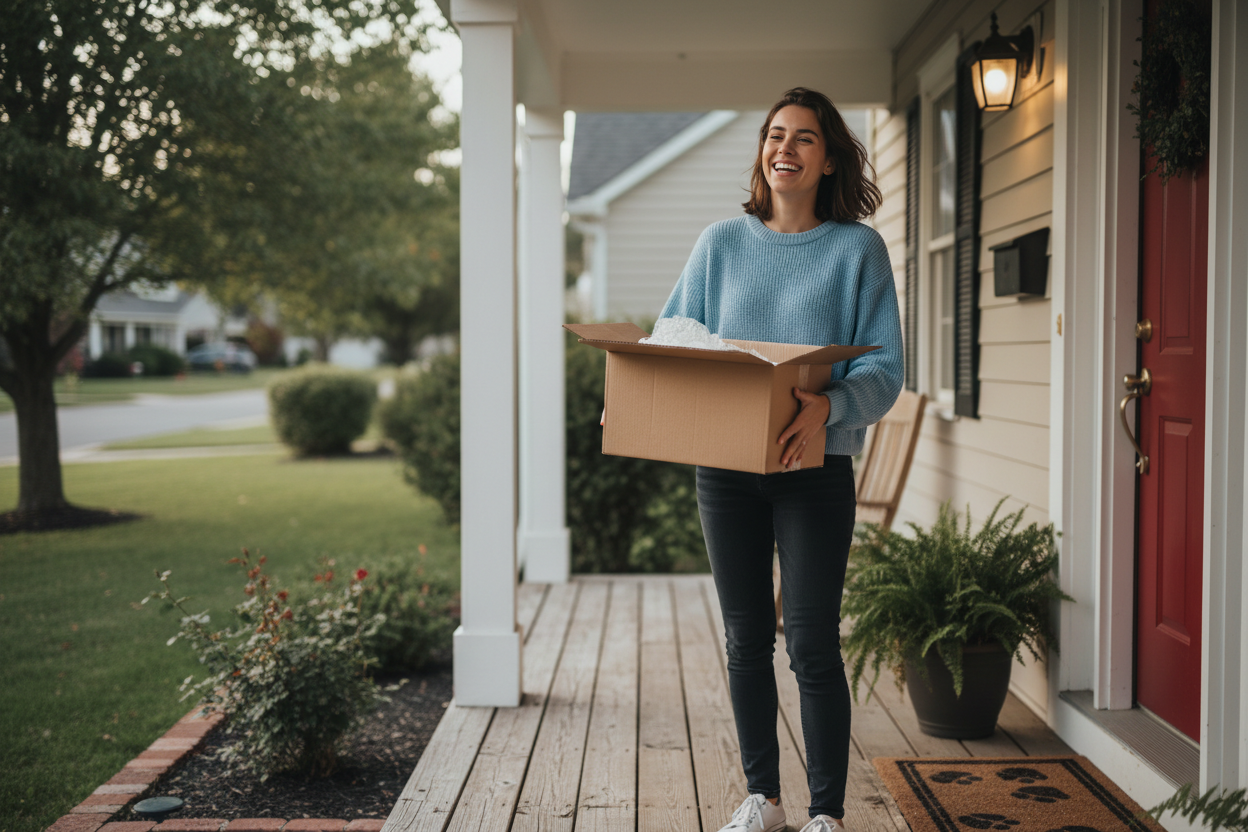 realistic foto with a person with a package